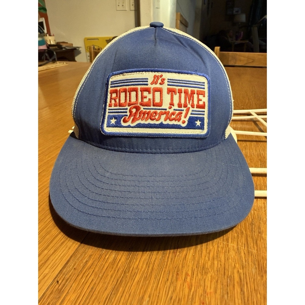 It's Rodeo Time America Trucker Hat Yupoong Snapback Blue White Western Cap